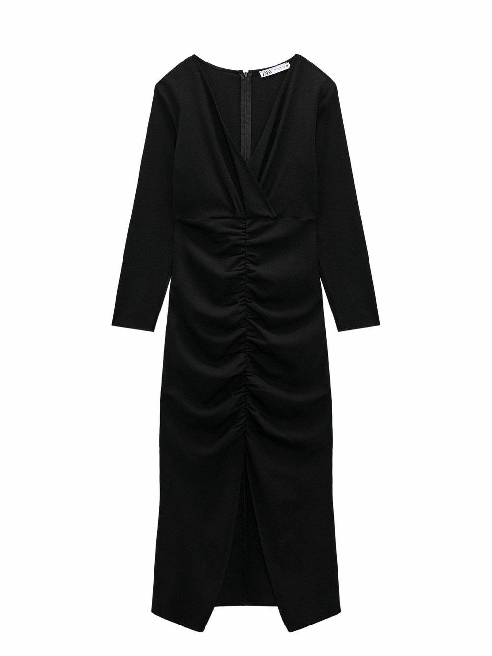 NWT Zara Black Ruched V-Neck Long Sleeve Midi Dress XS